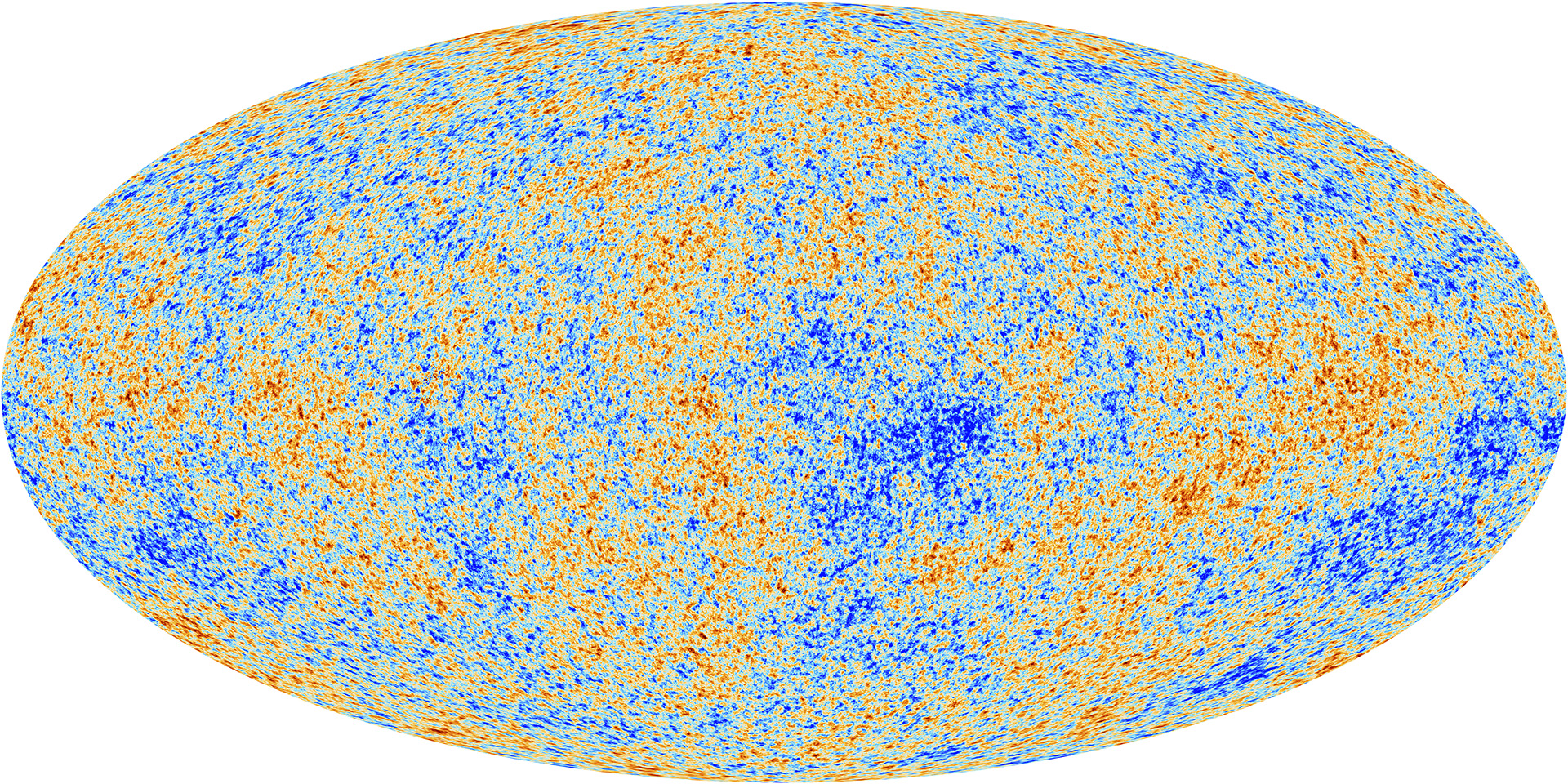 (Left panel) Slices through the 3D map of galaxy positions from the 2dF galaxy
redshift survey. Figure credit: 2dF. (Right panel) Fluctuations in the CMB temperature, as determined from
